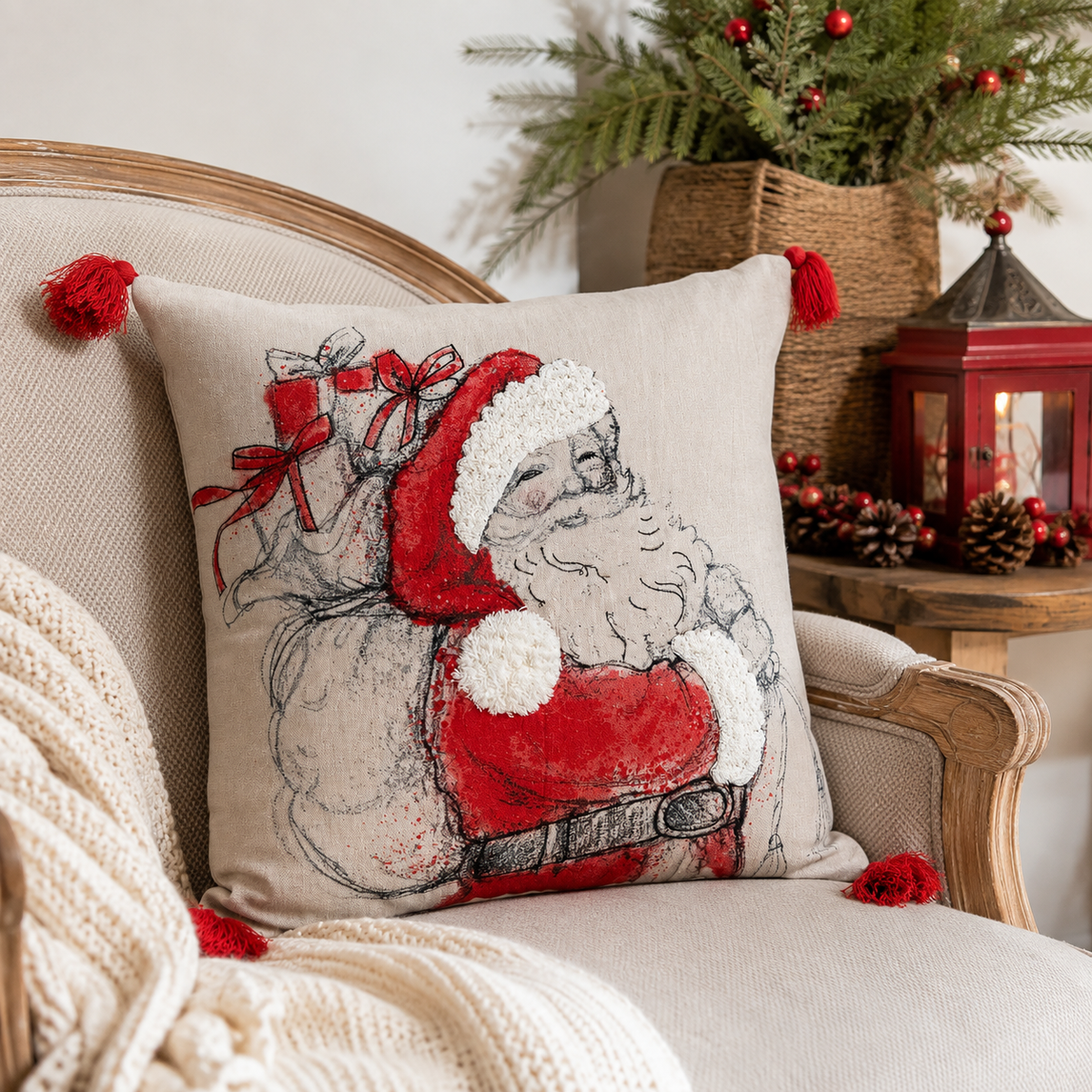 Design Shop Embroidered Tufted Square Pillow with Pom-Poms and Tassels, 20"