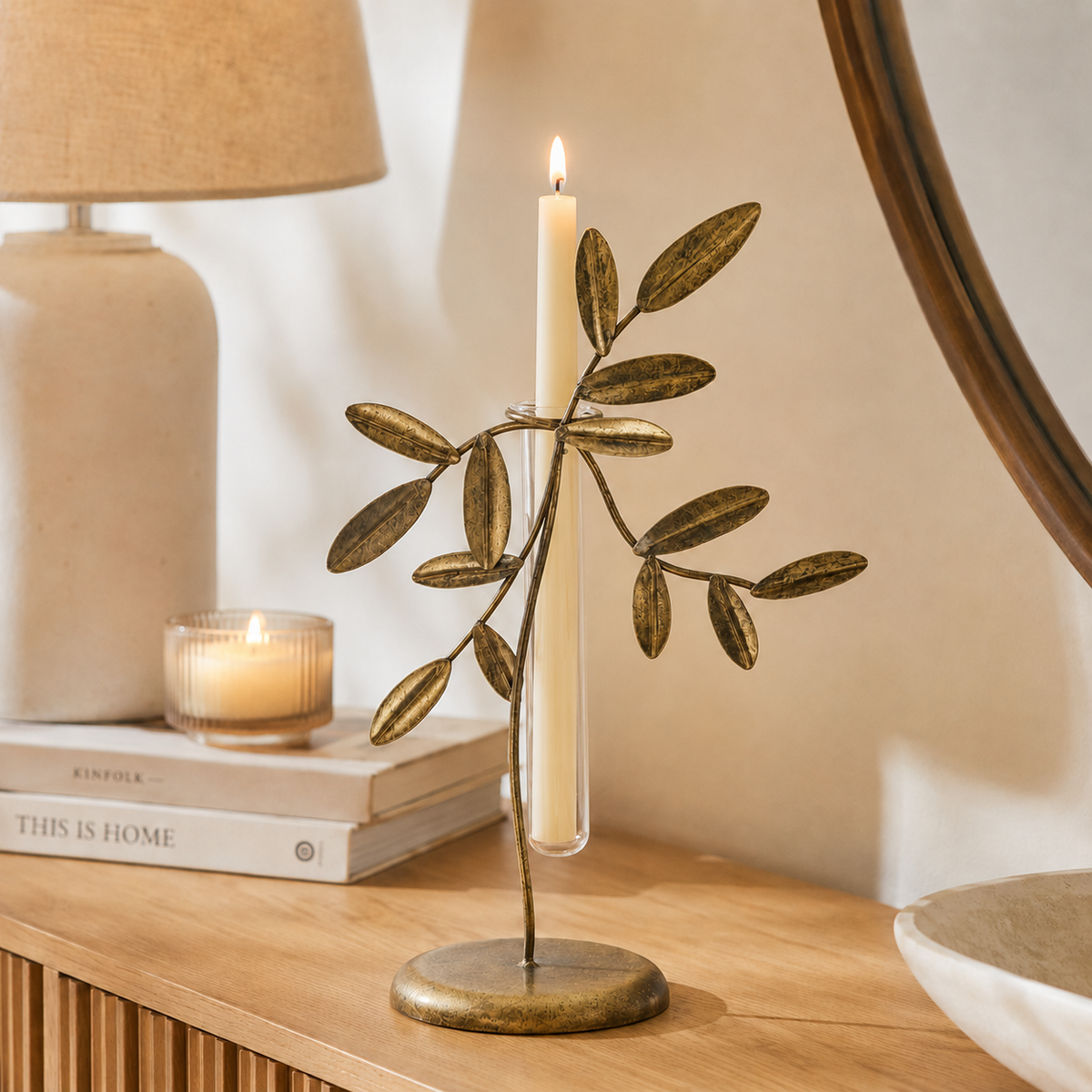 Design Shop Metal Leaf Tube Candle Holder with Glass Insert, 11.81"