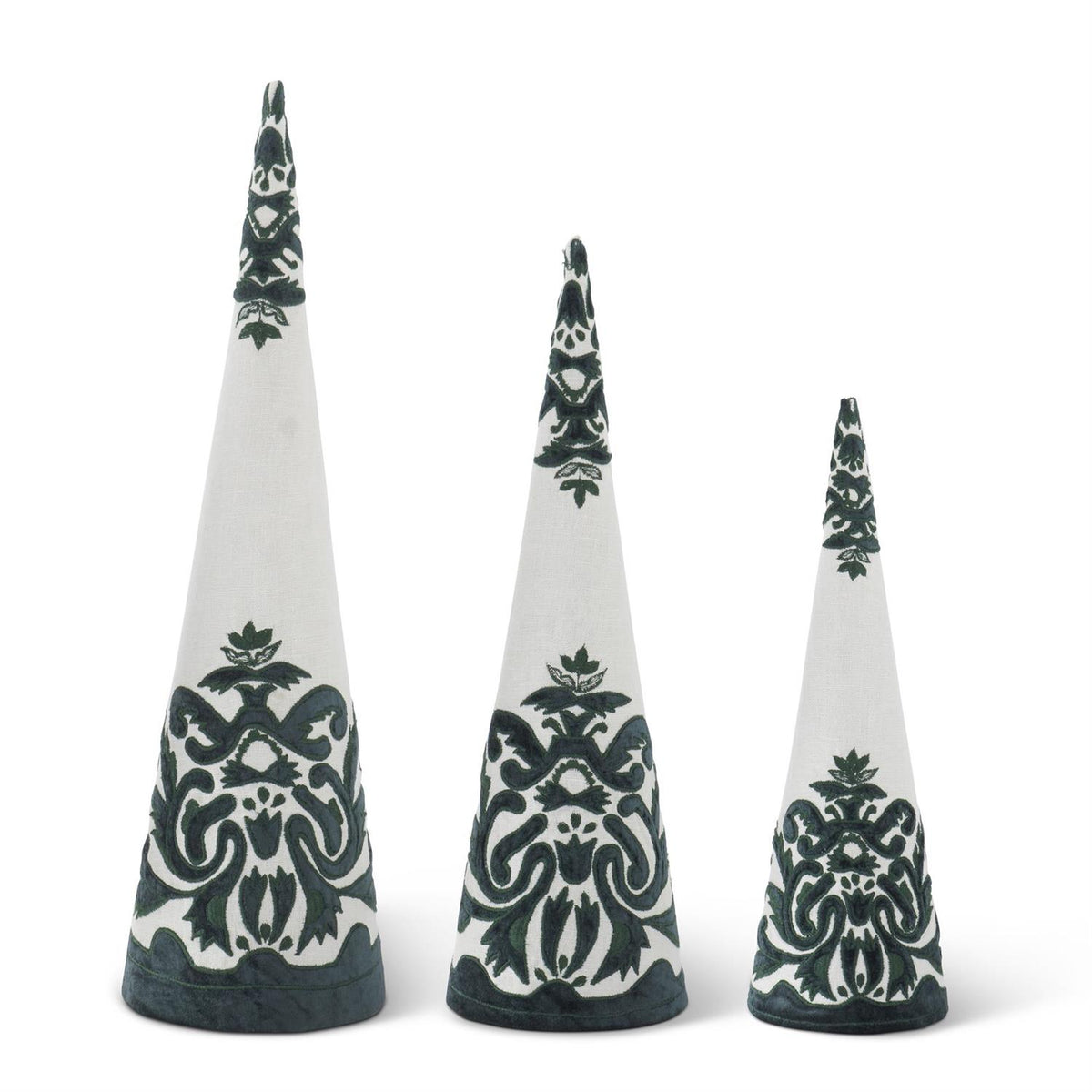 Design Shop Set of 3 White & Green Linen Embroidered Cone Trees