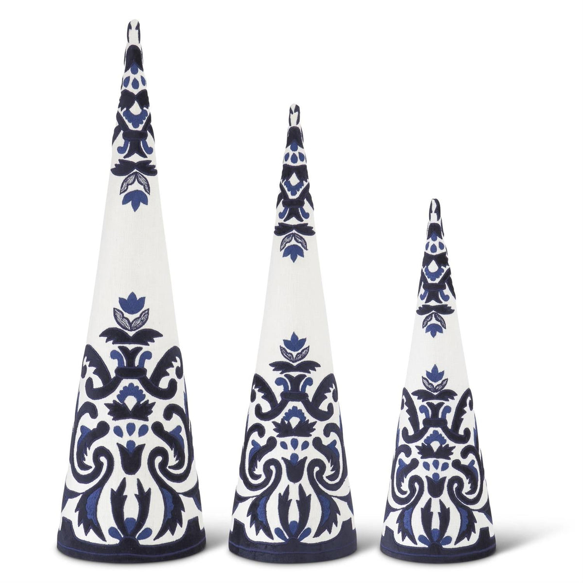 Shell Design Shop Set of 3 White & Royal Blue Linen Embroidered Cone Trees