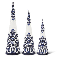 Shell Design Shop Set of 3 White & Royal Blue Linen Embroidered Cone Trees