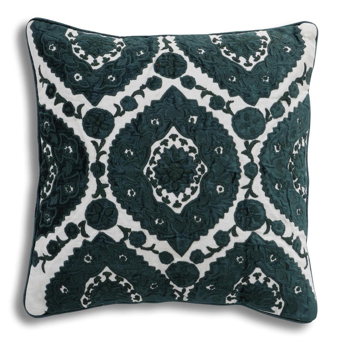 Design Shop 20 Inch Green Velvet & Linen Embroidered Pillow w/Center Design