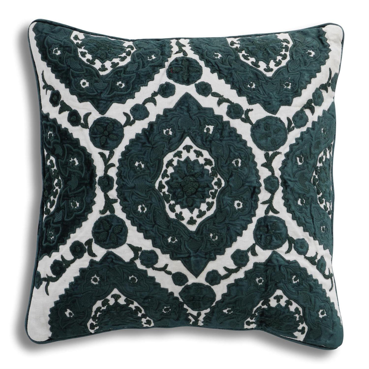 Design Shop 20 Inch Green Velvet & Linen Embroidered Pillow w/Center Design