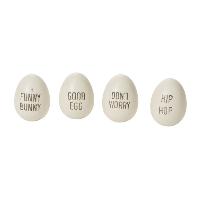 Design Shop White Spritz Egg - Set of 4 text, 1.75" X 2".