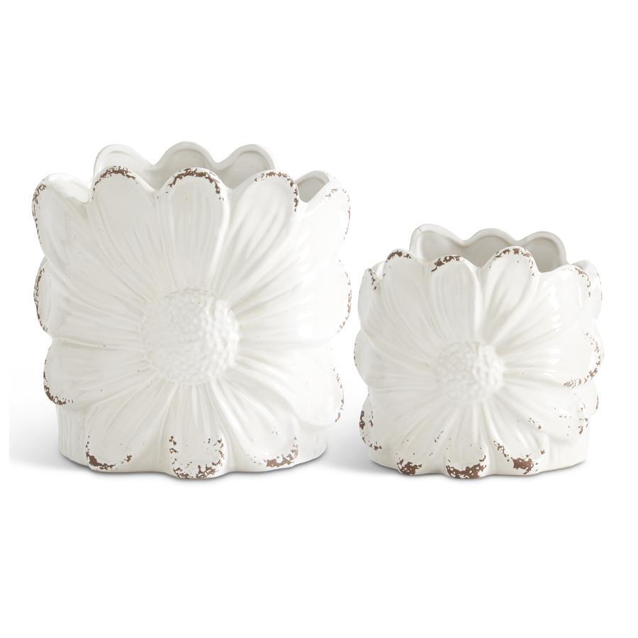 Design Shop Set of 2 Distressed White Ceramic Sunflower Pots