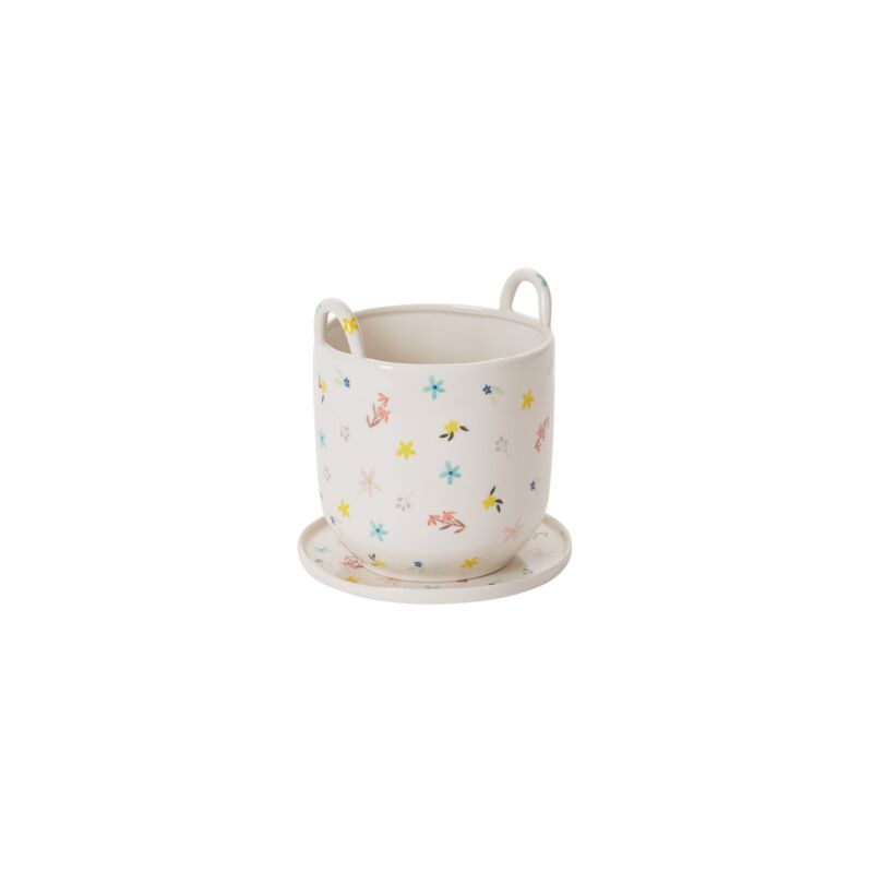 Design Shop Multicolor Ditsy Collection Pot with Saucer, 8" X 7"