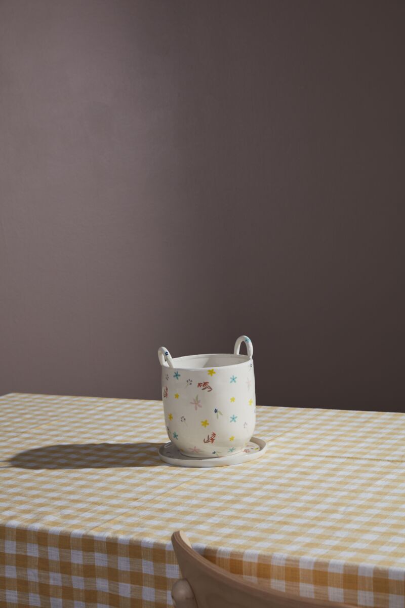 Design Shop Multicolor Ditsy Collection Pot with Saucer, 8" X 7"