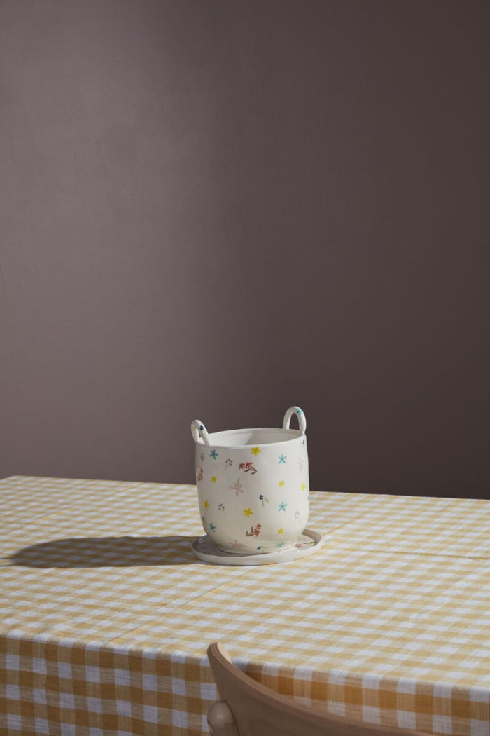 Design Shop Multicolor Ditsy Collection Pot with Saucer, 8" X 7"