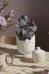 Design Shop Multicolor Ditsy Collection Pot with Saucer, 8" X 7"