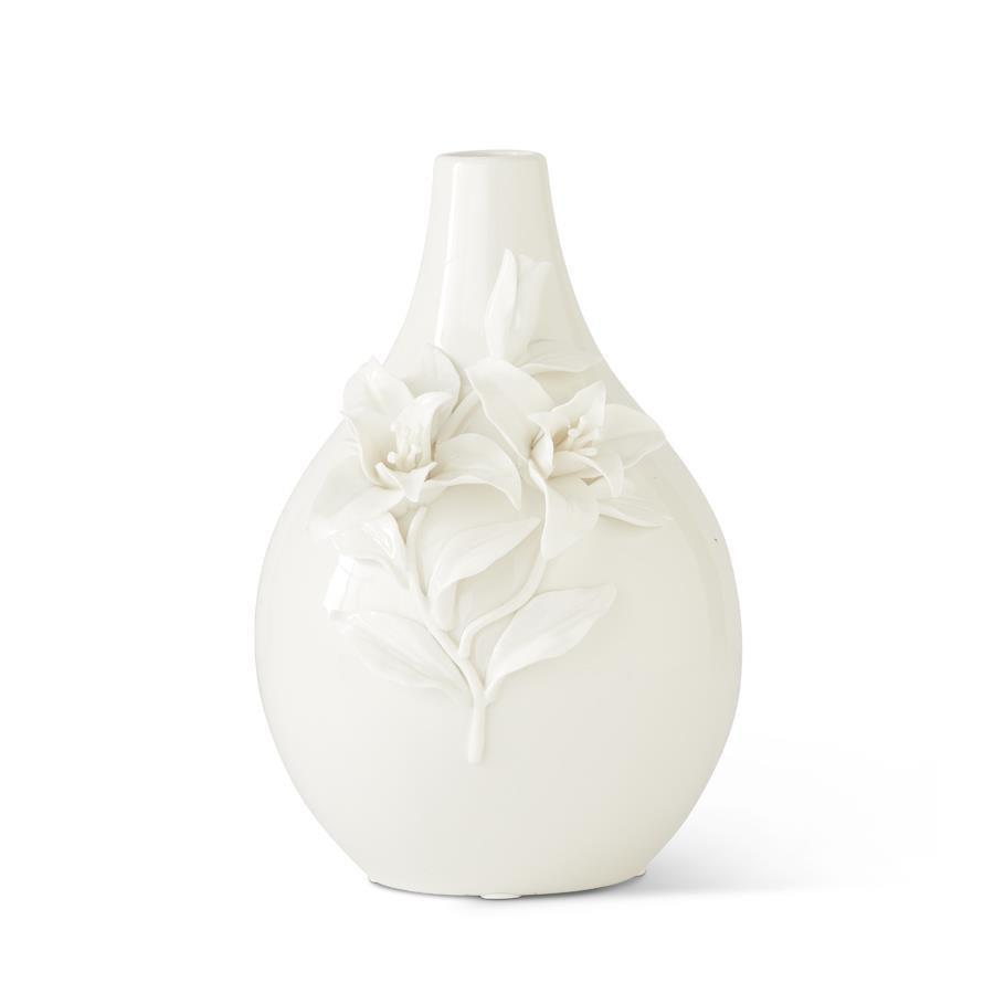 Design Shop 10.5 Inch White Ceramic Bottle Neck Vase W/Raised Lily Flowers