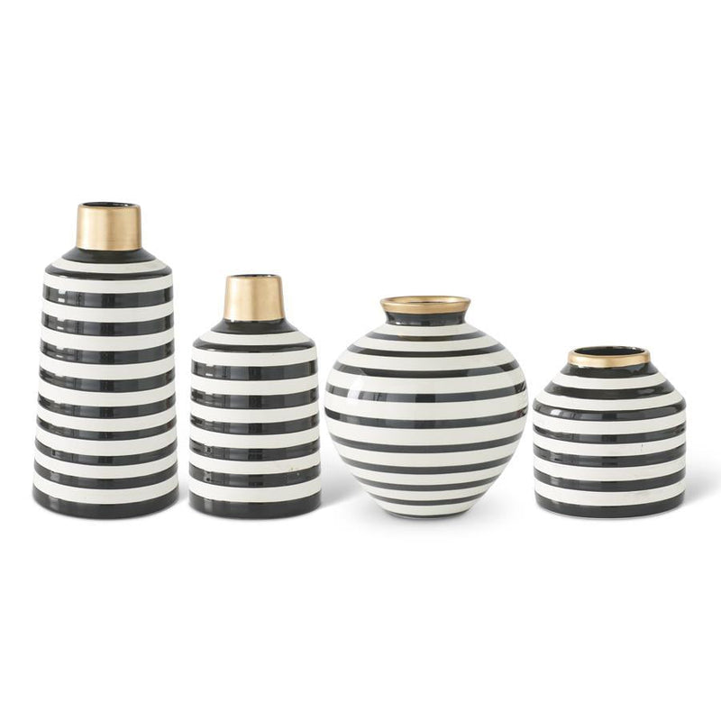 Design Shop Set of 4 Black & White Striped Ceramic Vases W/Gold Trim