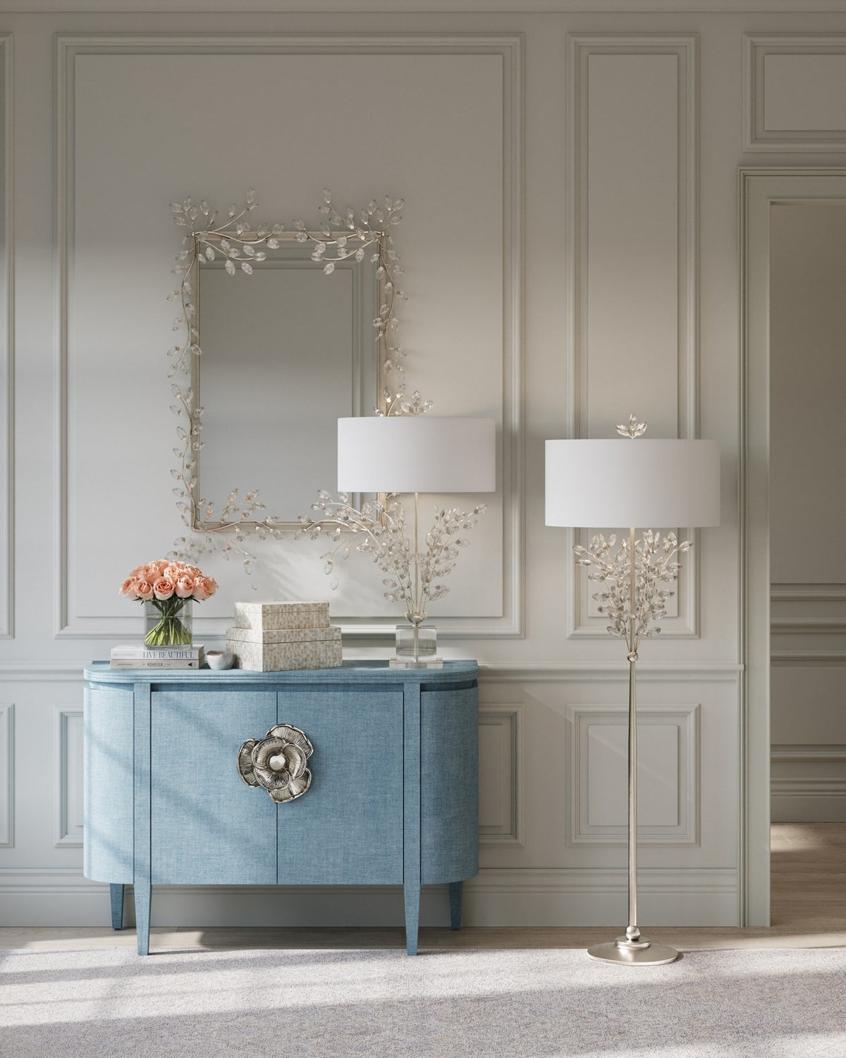 Currey and Company - 1000-0162 - Mirror - Forget-Me-Not - Clear/Silver Leaf