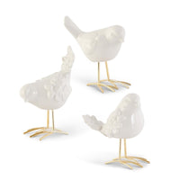 Shell Design Shop Assorted White Porcelain Birds w/ Gold Legs. Set of 3.