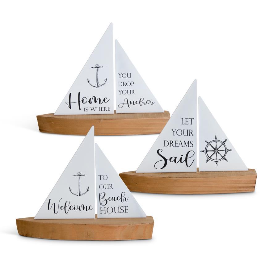 Design Shop Assorted Enamel & Wood Coastal Sailboat Tabletops. Set of 3.