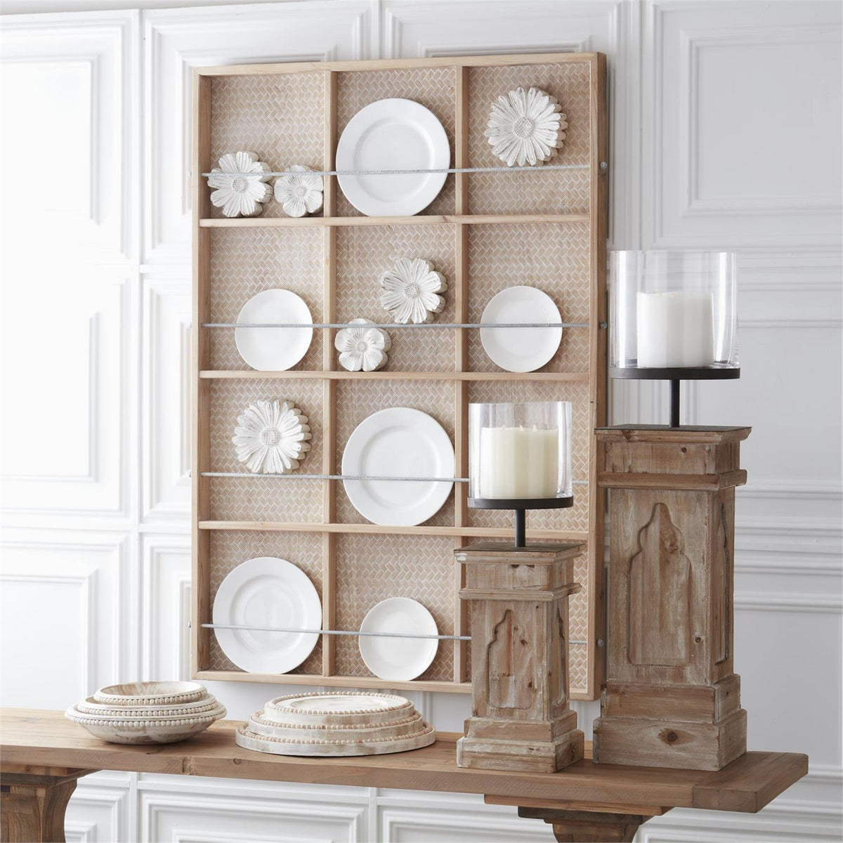 Design Shop 27.5 Inch Whitewashed Wood Column w/Glass Hurricane Candleholder
