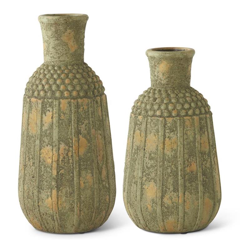 Design Shop Set of 2 Distressed Light Yellow Raised Dot Vases