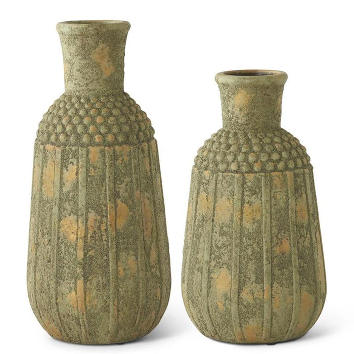 Design Shop Set of 2 Distressed Light Yellow Raised Dot Vases