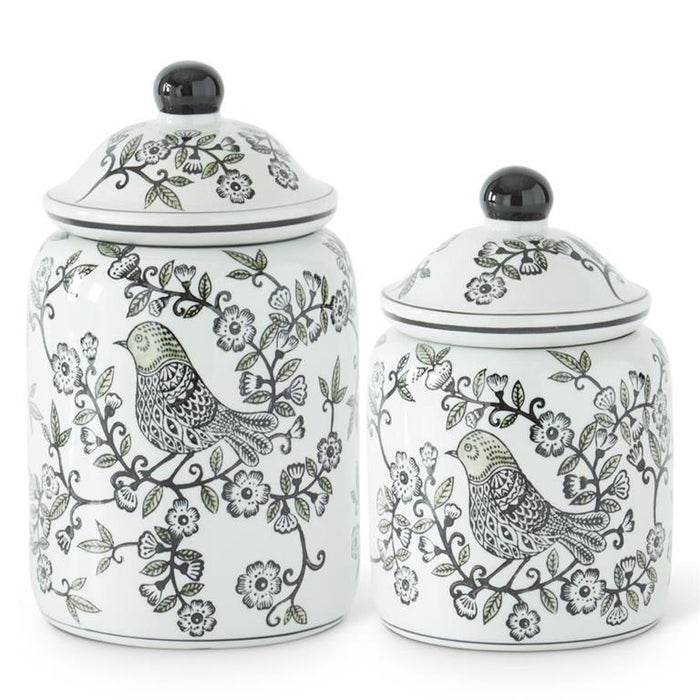 Design Shop Set of 2 Black White & Green Bird Print Porcelain Lidded Containers