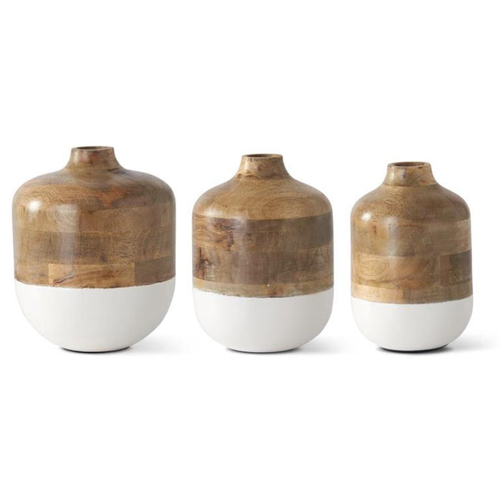 Design Shop Set of 3 Mango Wood & White Metal Bottom Vases