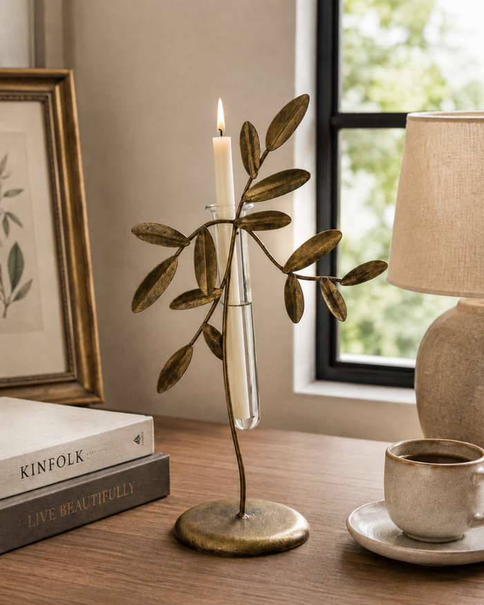 Design Shop Metal Leaf Tube Candle Holder with Glass Insert, 11.81"