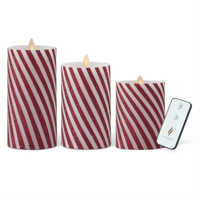 Design Shop Set of 3 Thin Candy Striped Wax Luminara Indoor Pillar Candles w/Rem