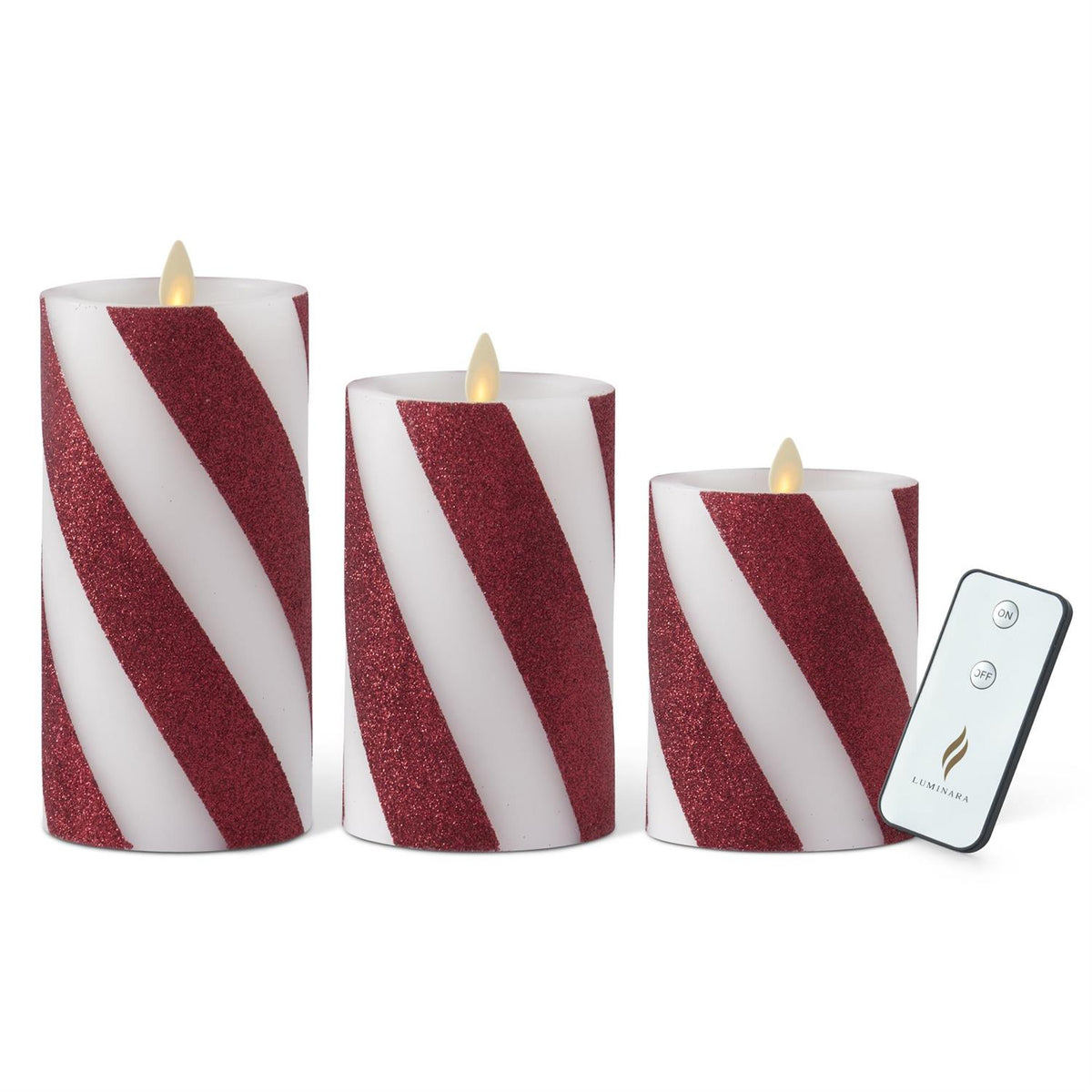 Design Shop Set of 3 Thick Candy Striped Wax Luminara Indoor Pillar Candles