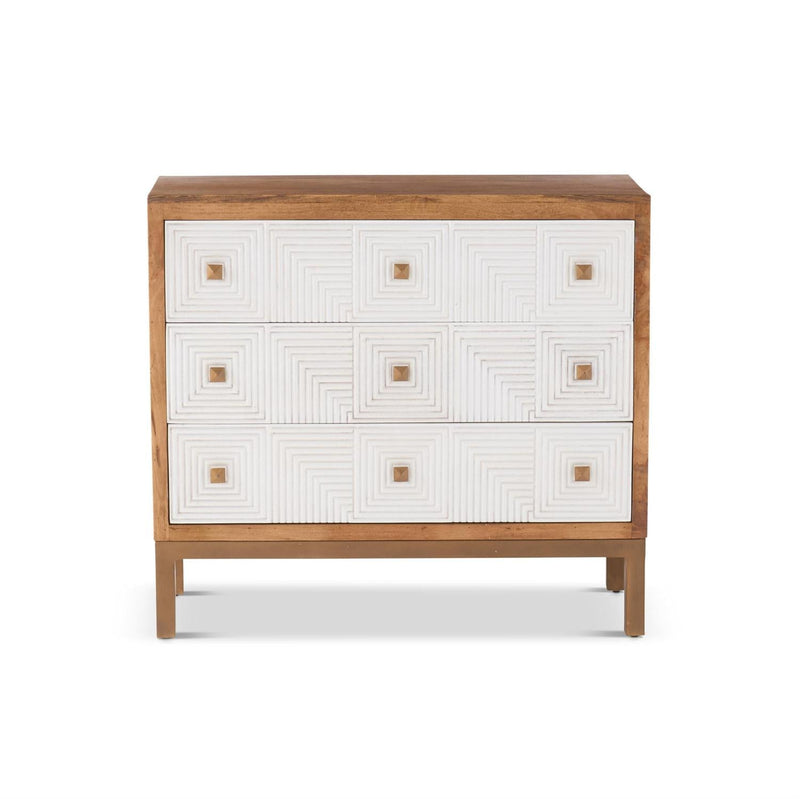 Design Shop 40 Inch 3 Drawer Natural Mango Wood Chest W/White Carved Drawers