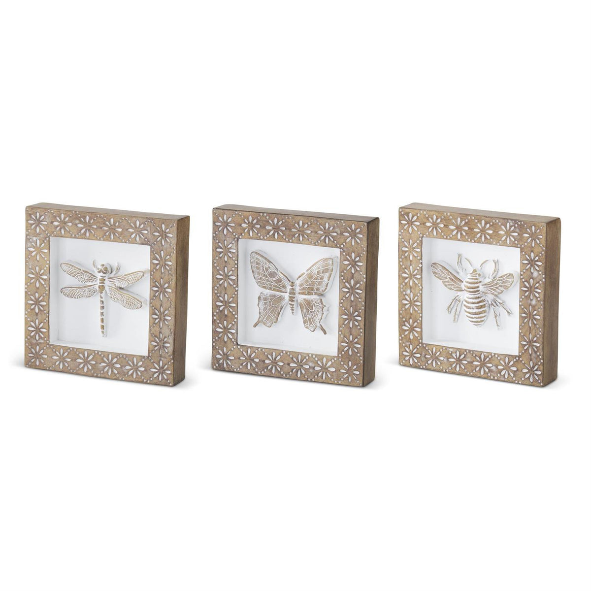 Design Shop Assorted 6 Inch Whitewashed Carved Resin Insect Shadow Boxes. Set of 3.