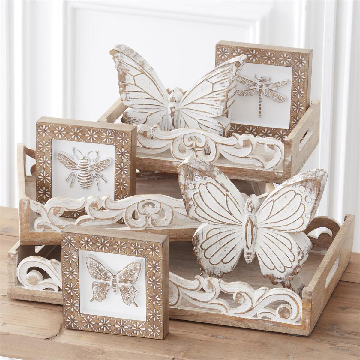 Design Shop Assorted 6 Inch Whitewashed Carved Resin Insect Shadow Boxes. Set of 3.