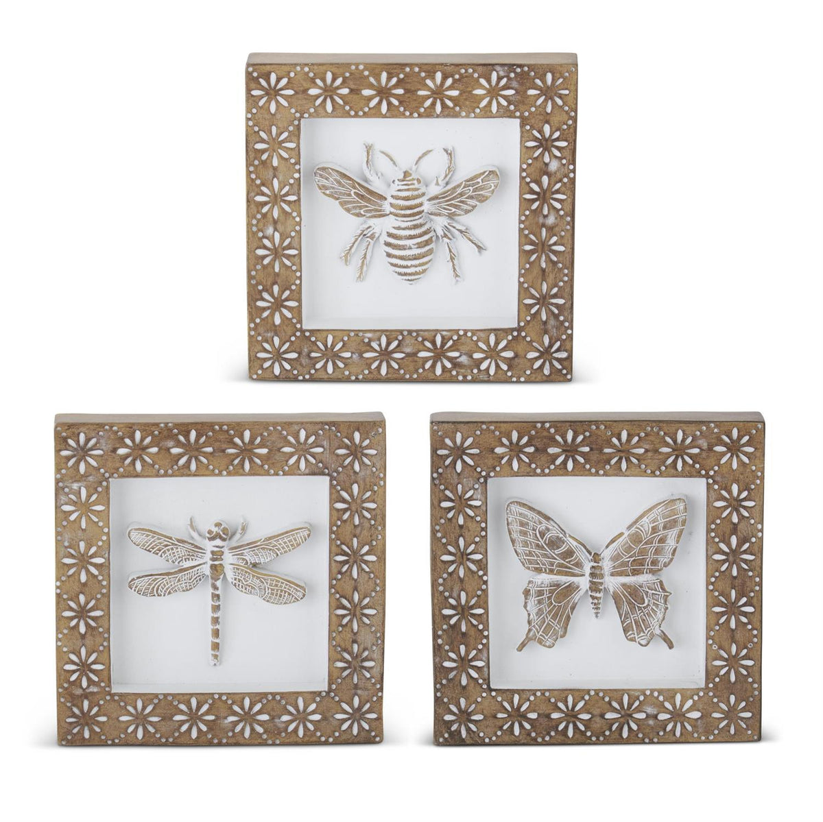 Design Shop Assorted 6 Inch Whitewashed Carved Resin Insect Shadow Boxes. Set of 3.