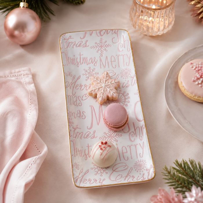 Design Shop Merry Christmas Stoneware Tray with Gold Rim, Pink and White