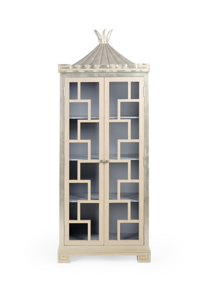 Decorative cabinet with geometric glass design on a white background