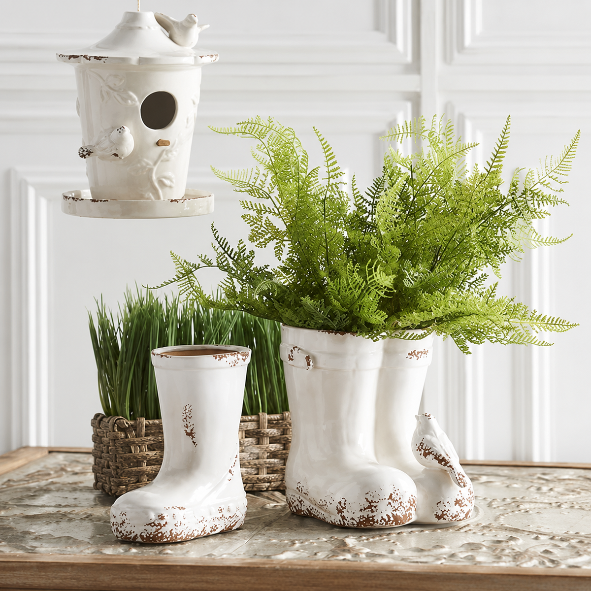 Design Shop White Garden Boots Bird Vase 8.74"