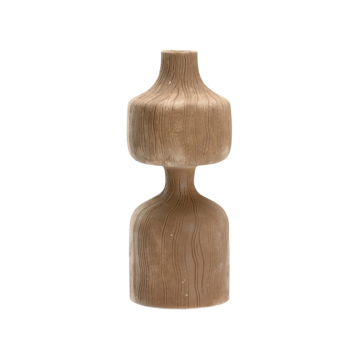 Wooden lamp with a textured design on a white background
