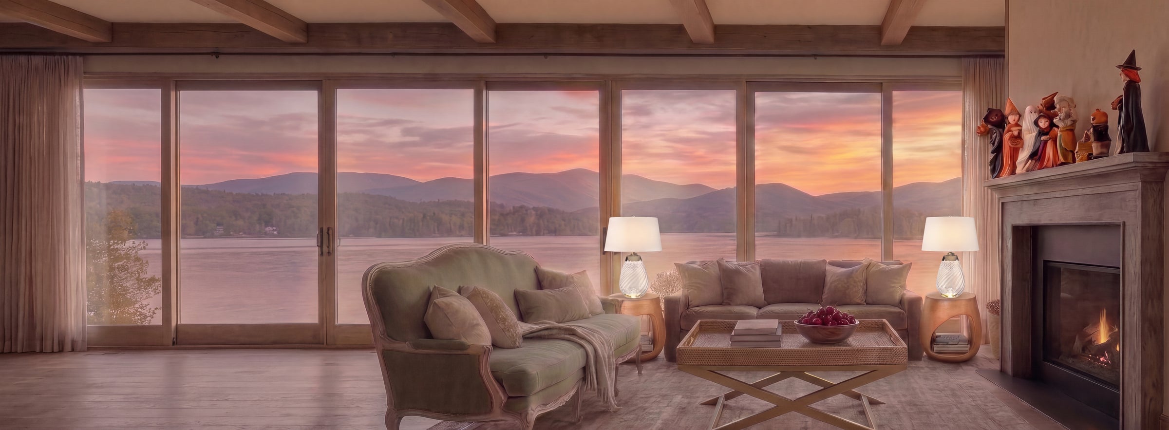 A luxury living room with a large green armchair and matching sofa facing a glass wall overlooking a scenic sunset lake and mountain view. The room features a fireplace, wooden ceiling beams, and warm ambient lighting.