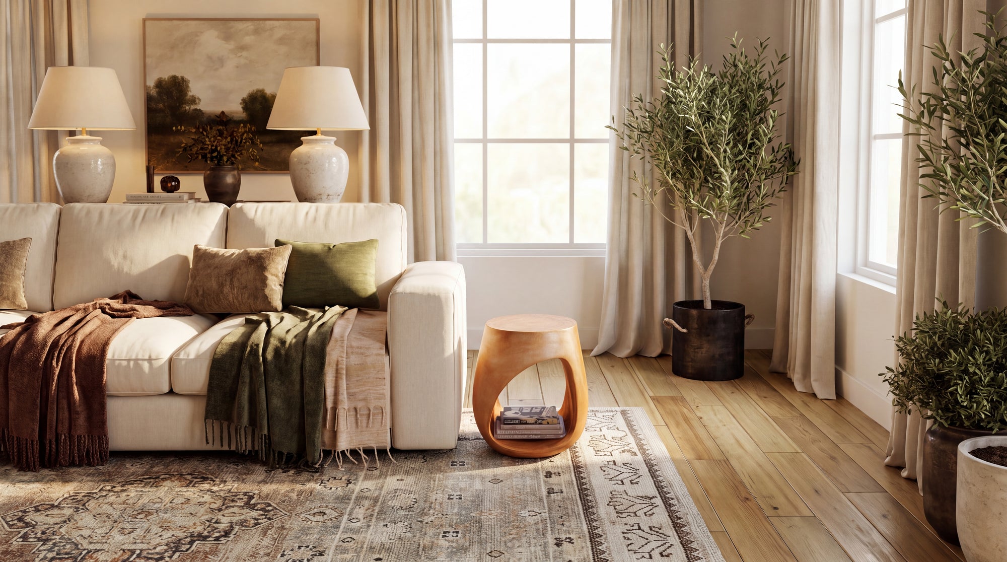 A styled living room scene featuring a cream-colored sofa with green and brown throw pillows, a rust-brown throw blanket, a patterned area rug, a small wooden side stool, and potted olive trees near large windows with beige curtains.