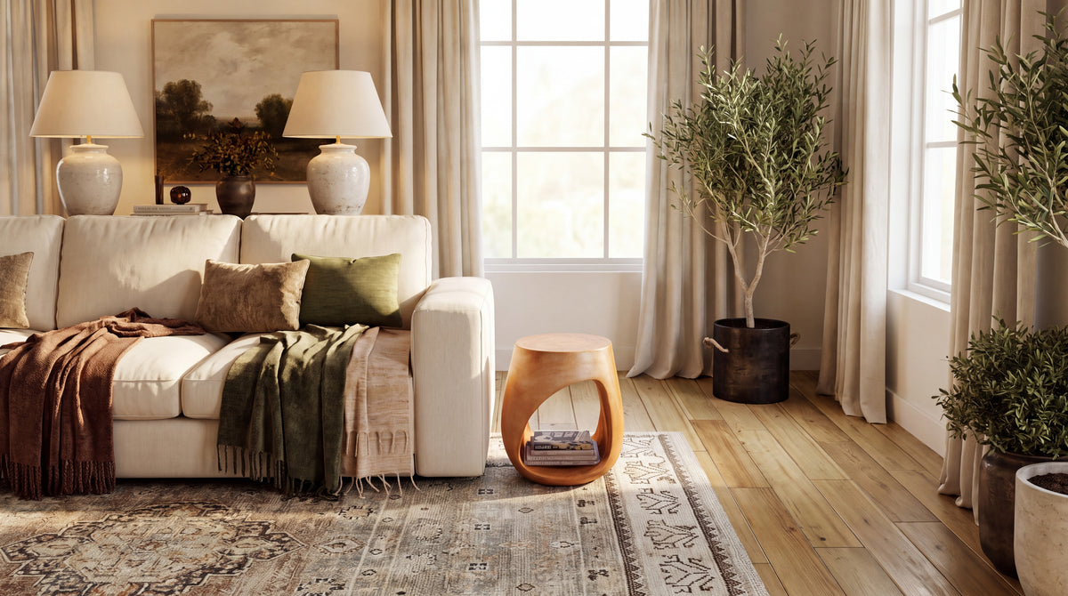 A styled living room scene featuring a cream-colored sofa with green and brown throw pillows, a rust-brown throw blanket, a patterned area rug, a small wooden side stool, and potted olive trees near large windows with beige curtains.