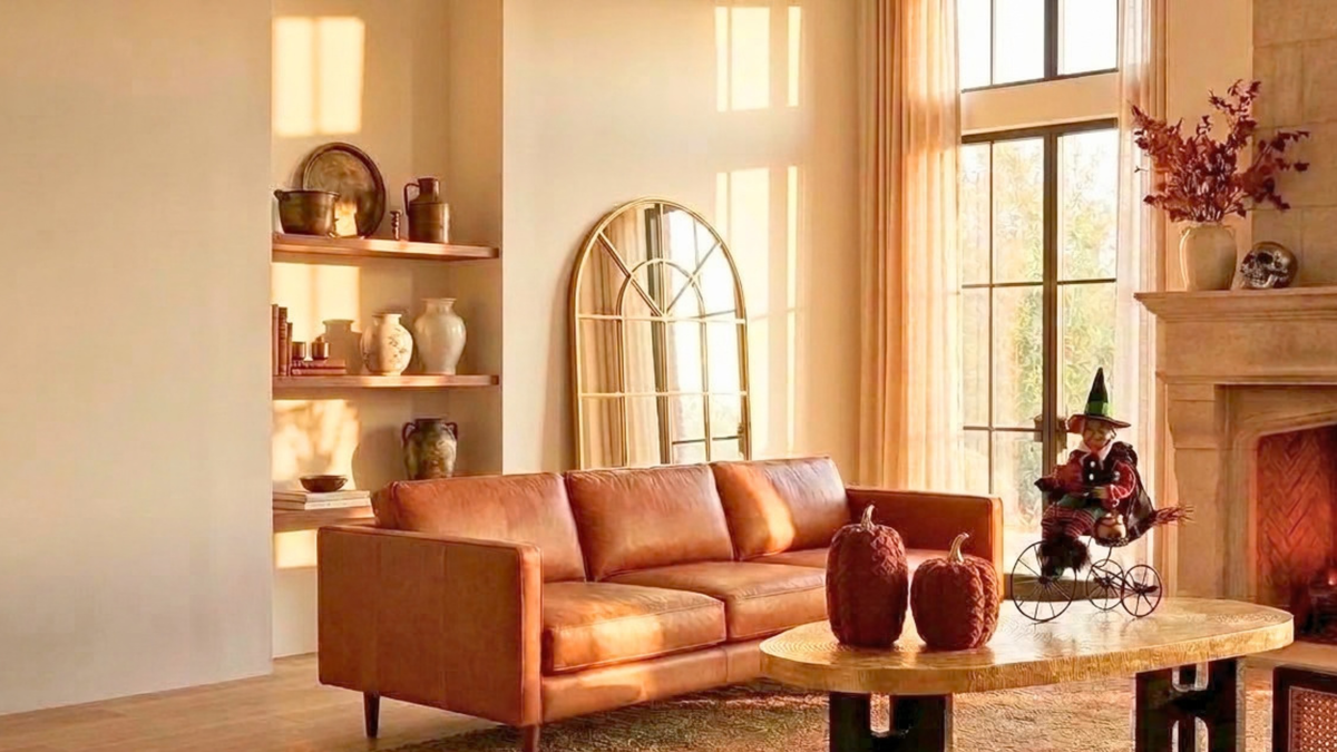 A warm, sunlit living room featuring a tan leather sofa as the main furniture piece, styled with a round wooden coffee table, decorative pumpkins, a built-in shelf with ceramic vases, an arched mirror, and a fireplace with a mantel display.