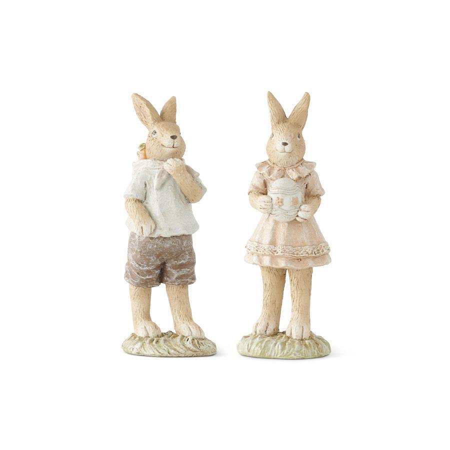 Design Shop Assorted Resin Boy and Girl Bunnies w/Egg and Backpack. Set of 2.