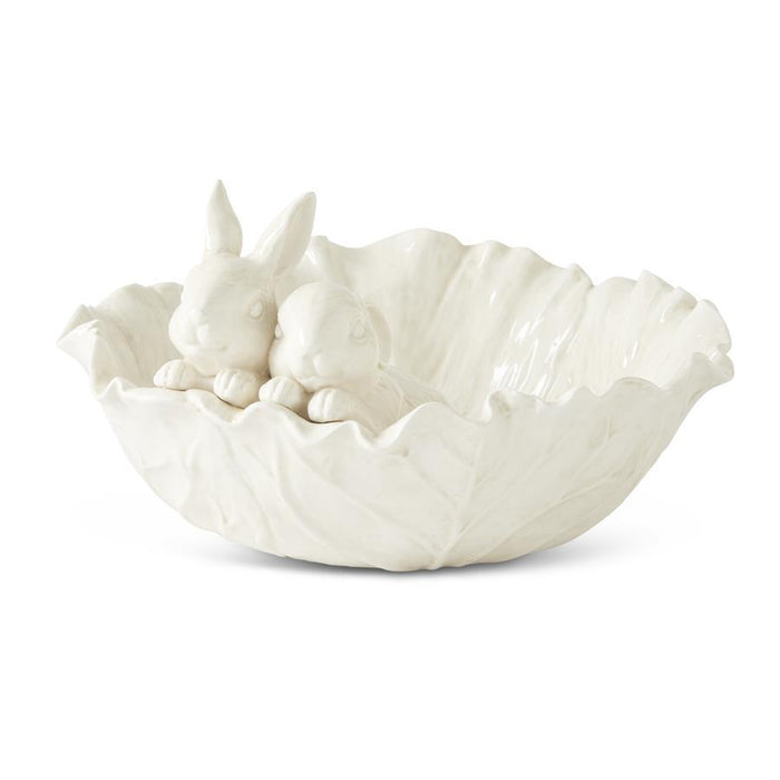 Design Shop 12 Inch Antiqued White Dolomite Cabbage Bowl w/Rabbits