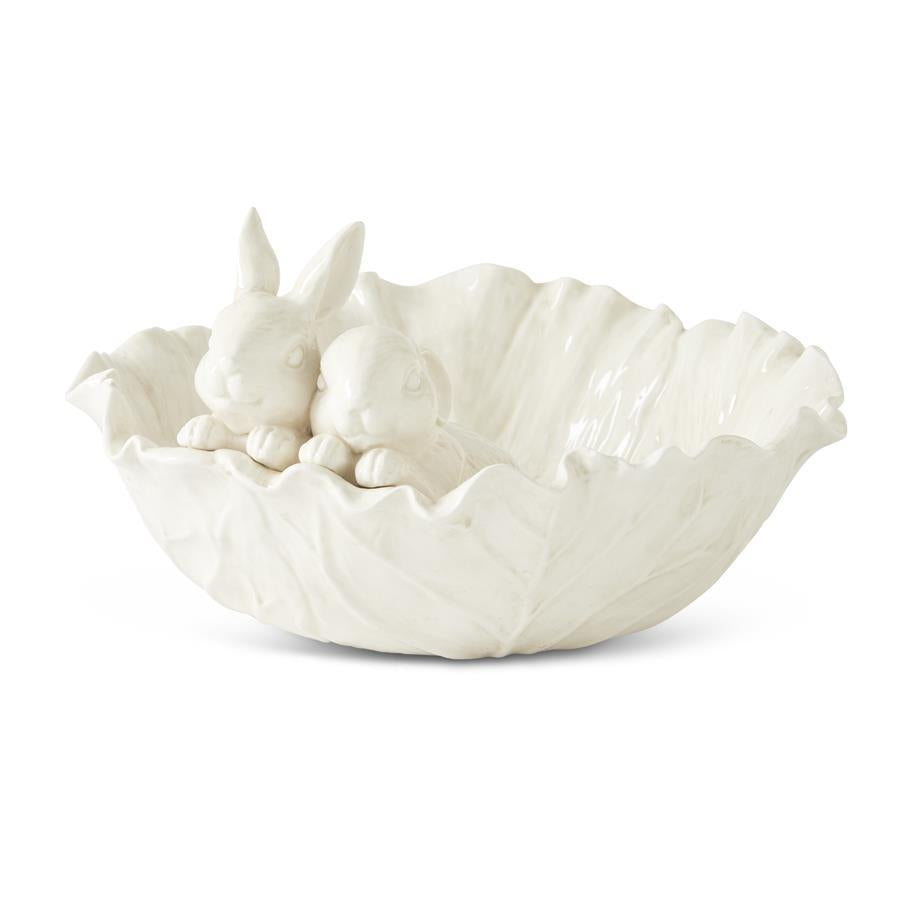Design Shop 12 Inch Antiqued White Dolomite Cabbage Bowl w/Rabbits