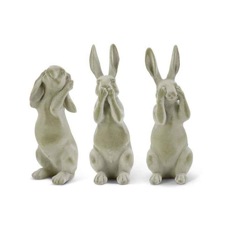 Design Shop Assorted Green Velvet Resin Hear No See No Speak No Evil Bunnies. Set of 3.