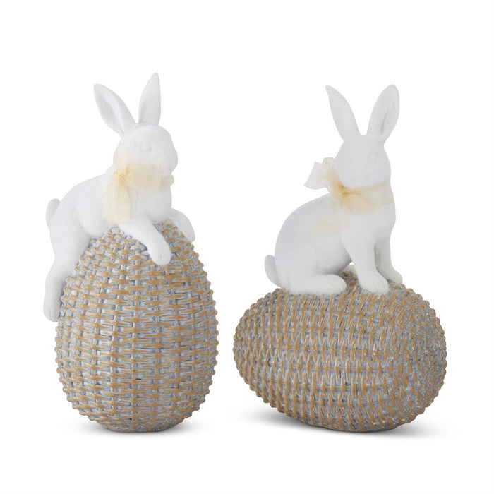 Design Shop Set Of 2 White Resin Easter Bunnies On Woven Eggs