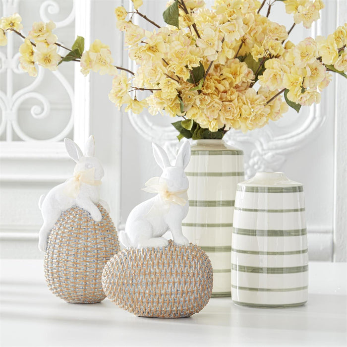 Design Shop Set Of 2 White Resin Easter Bunnies On Woven Eggs