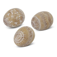 Design Shop Assorted 5.75 Inch Tan Resin White Carved Side Sitting Easter Eggs, Set of 3.