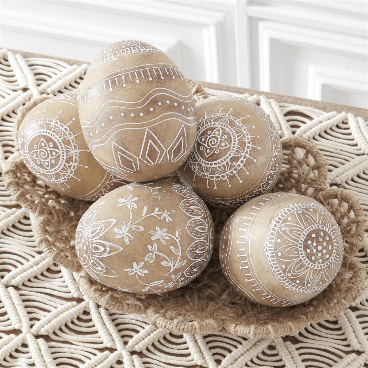 Design Shop Assorted 5.75 Inch Tan Resin White Carved Side Sitting Easter Eggs, Set of 3.