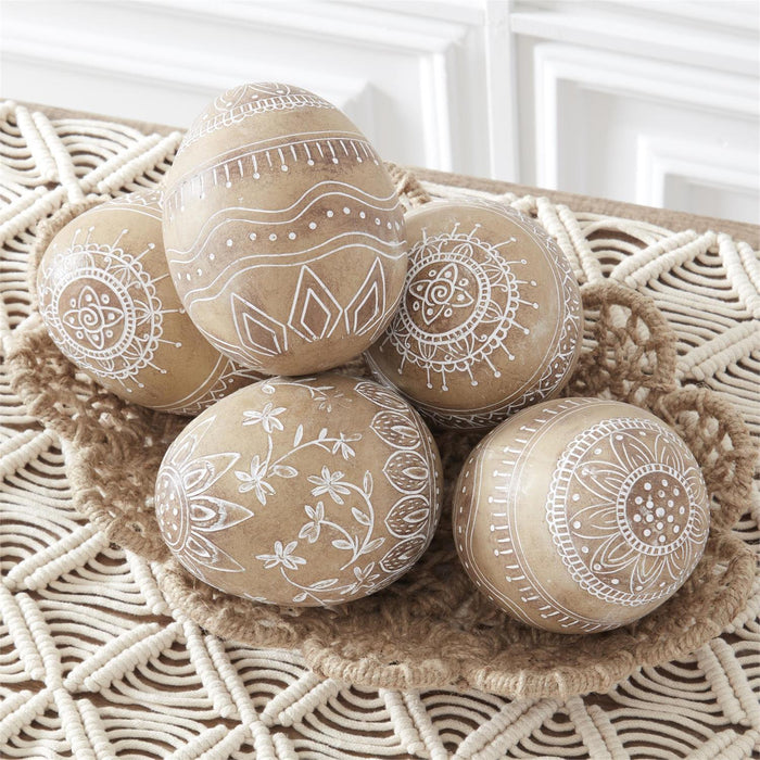 Design Shop Assorted 5.75 Inch Tan Resin White Carved Side Sitting Easter Eggs, Set of 3.