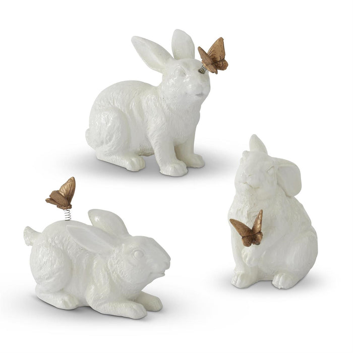 Design Shop Assorted 4.5 Inch Glossy White Resin Garden Rabbits w/Gold Butterflies