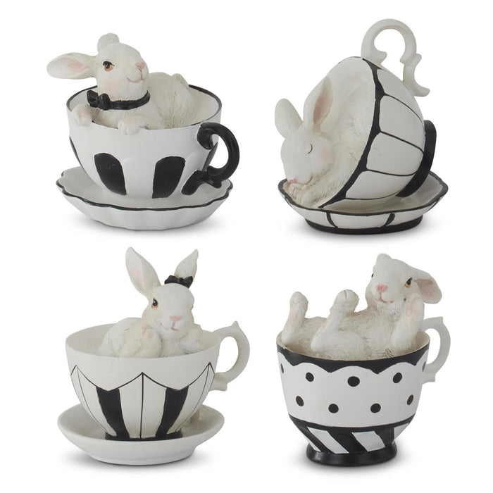 Design Shop Assorted 3.25 Inch White Resin Bunnies In Black & White Teacups (4