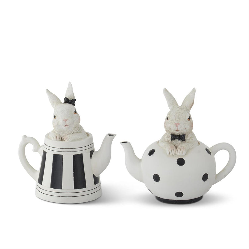 Design Shop Assorted 5.75 Inch White Resin Bunnies in Black & White Teapots Set of 2